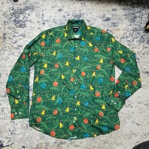 Men's Size LG Suitmeister Green W/ Blue,Yellow,Red Balls & Bulbs Christmas Shirt